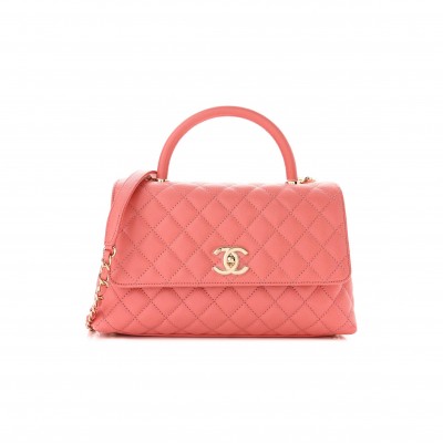 CHANEL CAVIAR QUILTED SMALL COCO HANDLE FLAP PINK ROSE GOLD HARDWARE (29*19*9cm)