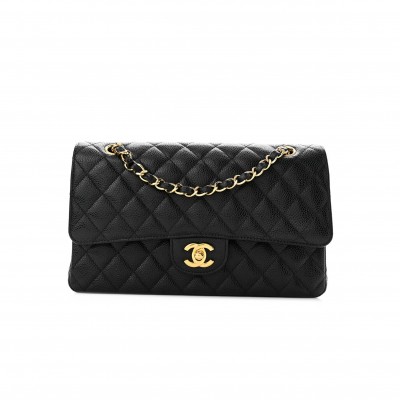 CHANEL CAVIAR QUILTED MEDIUM DOUBLE FLAP BLACK GOLD HARDWARE (25*15*6cm)